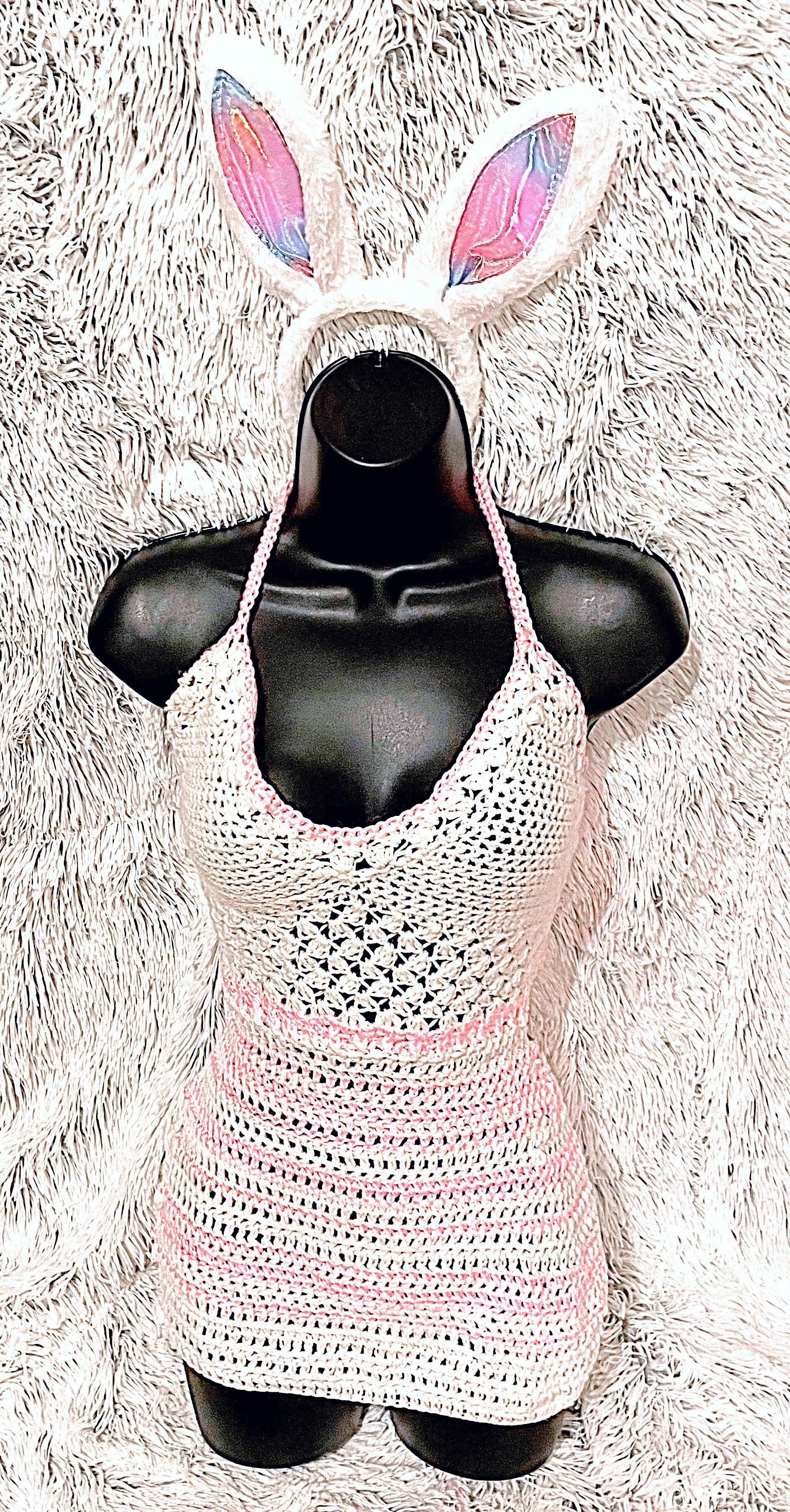 Lingerie pink and white crochet mini-dress